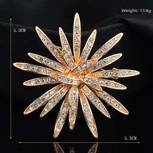 Detailed view of sunburst brooch with clear crystals and 5.3cm x 5.3cm dimensions