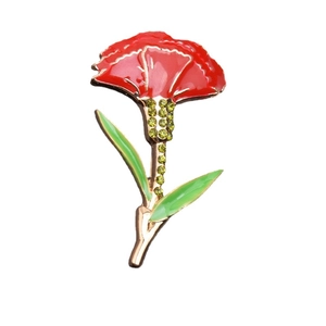 Elegant red carnation enamel brooch with green leaves and sparkling yellow rhinestones