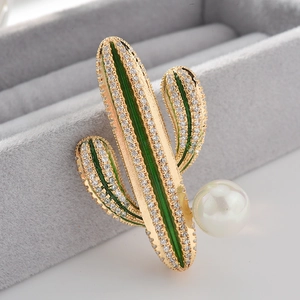 Elegante Broche de Cactus de Aleación Esmaltada para Mujer Moda Diamantes de Imitación Perla Artificial Planta Joyería para Oficina Banquete