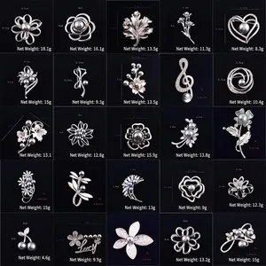 Elegant Alloy Grey Faux Artificial Pearl Floral Brooch For Women Rhinestone Matte Silver Tone Flower Leaf Design Clothing Jewelry Accessory