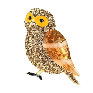 Broche hibou chic avec strass brillants et émail orange vibrant sur alliage doré