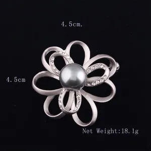 Detailed view of silver flower brooch with grey pearl, crystals and size 4.5cm x 4.5cm