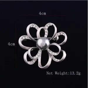 Detail of silver flower brooch with grey faux pearl and crystals, size 4cm x 4cm