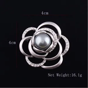 Elegant matte silver flower brooch with grey pearl and rhinestones 4cm size