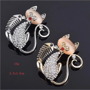 Macro di spille a forma di gatto con opale e strass, dimensioni 4,5x3,8 cm