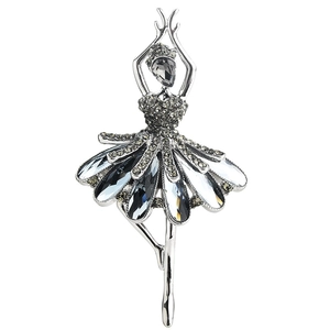Elegant ballet dancer brooch with grey crystals and small sparkling diamonds in silver tone