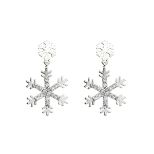 Sparkling silver snowflake drop earrings featuring micro-pave zircons on a white background