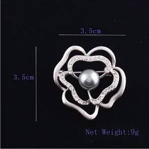 Detailed macro view of silver flower brooch with grey pearl and 3.5cm diameter size