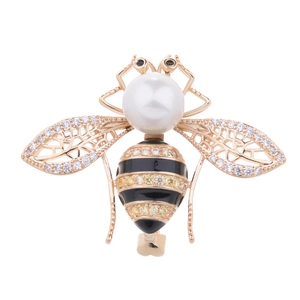 Eleganter Bienen-Anstecknadel aus Gold mit weißer Perle und Zirkonia-Steinen für Damen