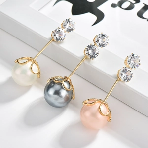 Elegant rhinestone and pearl drop earrings in white, pink, and grey with gold finish