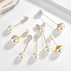 Elegant 8-piece gold alloy brooch set with white pearls and sparkling rhinestone shapes