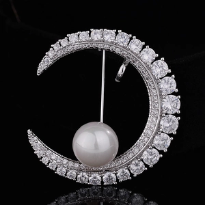 Elegant crescent moon pearl and zircon brooch with silver finish for suits and coats