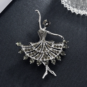 Elegant ballerina brooch with grey rhinestones on a silver alloy base for women