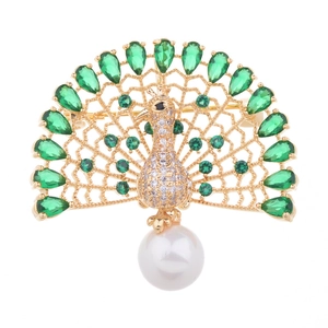 Exquisite peacock brooch with green zircons, micro-inlaid stones and a hanging pearl