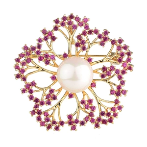 Eleganter goldener Kamelienblüten-Brosche mit rosa Zirkonia und einer großen Perle