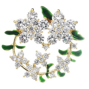Spilla a ghirlanda verde elegante con zirconi e design di foglie floreali dorate