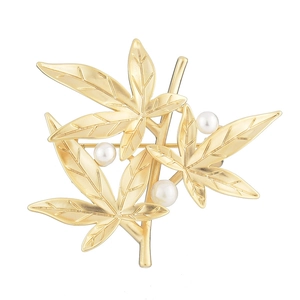 Elegant matte gold bamboo leaf brooch with white pearls for suits and coats