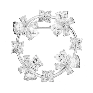 Elegant silver zircon butterfly wreath brooch with heart shaped crystals for women