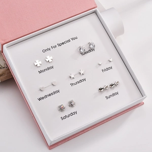 Korean Weekly Zirconia Stud Earrings With 925 Sterling Silver Post Copper Gold Plated Heart Star Floral Jewelry For Women Gift