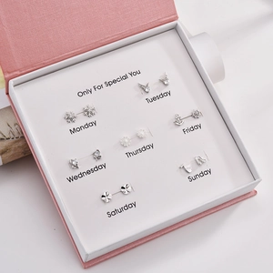 S925 silver needle earring set for 7 days featuring hearts and flowers in pink gift box