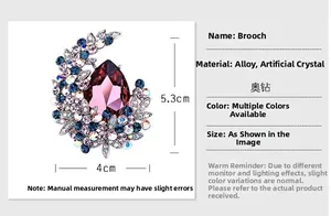 Detailed view of alloy brooch with purple water drop crystal and blue rhinestones