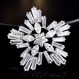 Macro detail of snowflake brooch with silver tone and multi-shape cubic zirconia
