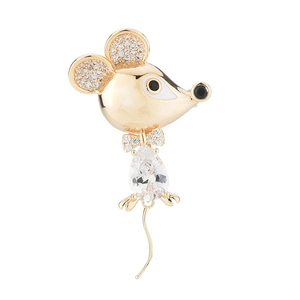 Elegant gold-plated mouse brooch with sparkling zircon crystals and a large pear-shaped stone