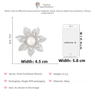Vue détaillée de la broche fleur en perle et zircon avec échelle de mesure