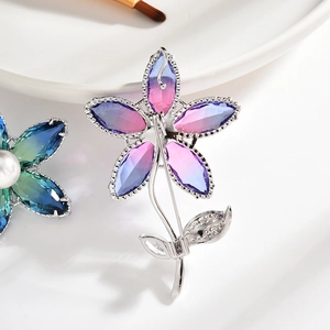 Floral tourmaline brooch with gradient purple crystals and micro-set zircon in silver finish