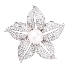 Elegant silver flower brooch featuring a large white pearl and zircon petals on white background