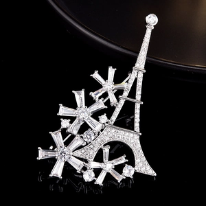 Detailed macro view of an Eiffel Tower brooch with sparkling silver-toned rhinestones