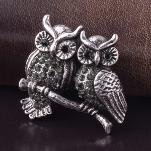 Gros plan d'une broche hibou vintage argentée avec cristaux verts et noirs incrustés