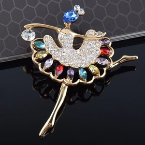 Golden ballet dancer brooch with colorful teardrop crystals and sparkling rhinestones