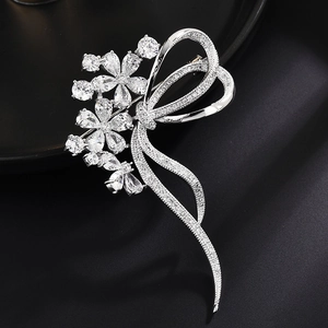 Elegant Ribbon Bow Floral Brooch With Sparkling Zirconia Inlaid Copper Plated Pin For Wedding Banquet Women Jewelry