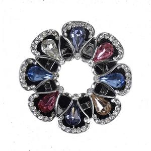 Colorful floral crystal brooch pin with teardrop gemstones in silver metal setting