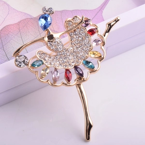 Exquisite gold dancing girl brooch with colorful crystals and rhinestones for suits