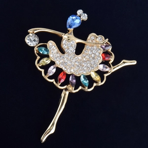 Colorful crystal dancing girl brooch with gold alloy base and multicolor rhinestones