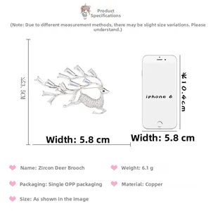 Tableau des tailles pour la broche cerf en zircon avec dimensions de 3,5 cm par 5,8 cm