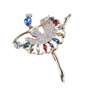 Elegant colorful crystal ballerina brooch with dancing girl motif in gold alloy finish