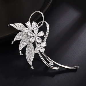 Elegant Flower Brooch Copper Cubic Zirconia Plant Leaf Pin For Women Suit Coat Accessories Korean Style Jewelry Gift
