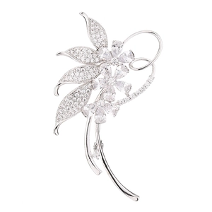 Elegant floral brooch for women with silver-tone metal and clear zircon flower clusters