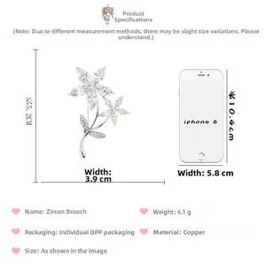 Detailed dimensions of silver floral zircon brooch with 5.2cm length and 3.9cm width