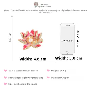 Detailed size comparison of a luxury zircon lotus brooch with pearl and enamel finish
