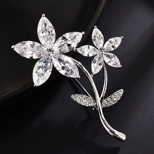 Luxury Copper Zirconia Flower Brooch Pin Silver Plated Marquise Cut Crystal Floral Corsage Jewelry Gift For Women
