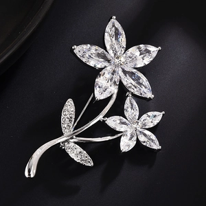 Elegant floral zircon brooch in silver with Marquise-cut crystals for suits and coats