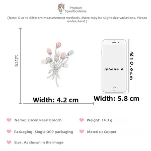 Comparaison de taille d'une broche bouquet avec perles et oxydes de zirconium
