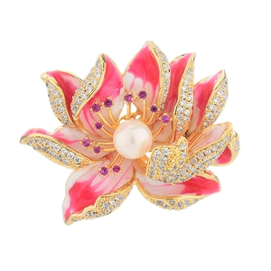 Elegant lotus flower brooch with pink enamel petals, white zircon stones and a pearl
