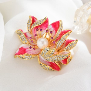 Macro view of lotus brooch showing gradient enamel petals and zircon-studded edges