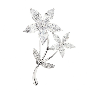 Elegant silver floral brooch with marquise-cut zircon petals and shimmering crystal leaves