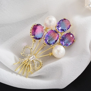 Broche Bouquet de Ballons en Zircon Élégante pour Femmes Violet Dégradé Cuivre Plaqué Or Künstliche Perle d'Imitation Bijoux Fleur